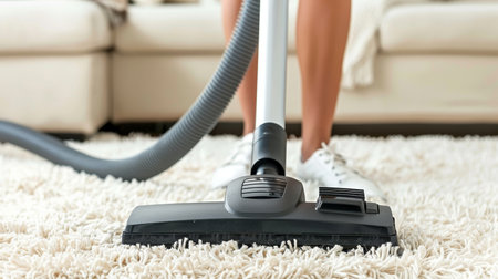 Caucasian female cleaning service worker vacuuming rug in living room, disinfection concept.の素材
