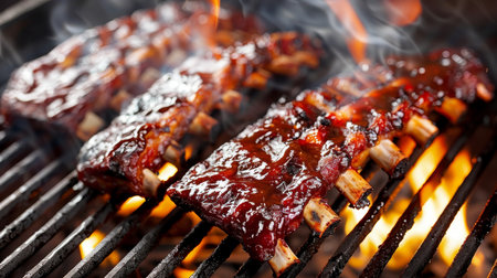 Succulent american bbq ribs sizzling on grill with smoky charcoal fire cooking juicy meatの素材