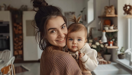 Loving mother holding her newborn baby at home with blurred background, copy space availableの素材