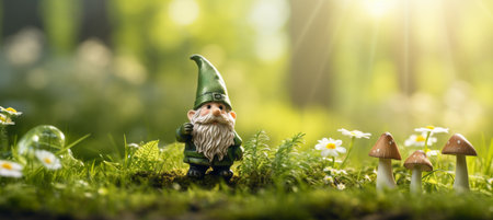 Garden gnome in vibrant spring forest with greenery on blurred background, ideal for text placementの素材