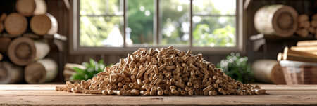 Biomass wood pellets and woodpile stack on blurred background with empty space for text placementの素材