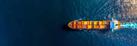 Aerial view of vibrant container cargo ship in blue sea with copy space   shipping industry conceptの素材