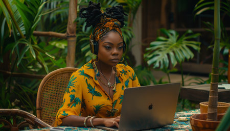 Young woman with wireless headphones, freelancing on a laptop in a cozy cafe environment.の素材