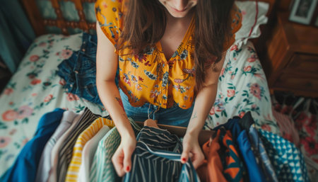 Close up of a young woman carefully folding her clothes and placing them inside a paper boxの素材