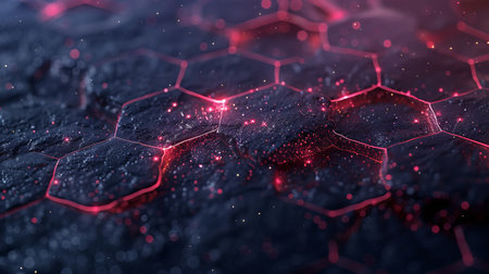 Dynamic neon hexagons pattern on dark backdrop for futuristic design projects and creative concepts.の素材