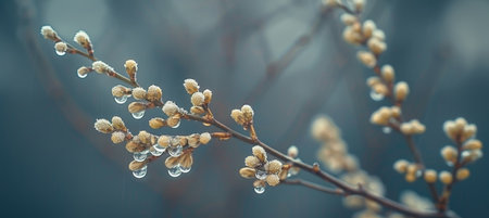 Serene spring dawn abstract background with soft colors and misty dew hints for tranquility.の素材