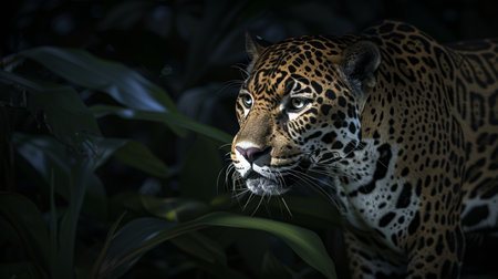 Majestic jaguar amidst lush tropical jungle foliage, wild big cat in natural habitat observation.の素材