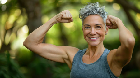 Businesswoman in suit with tablet on blurred background, executive portrait with copy space.の素材