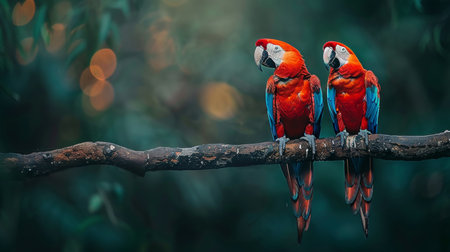 Scarlet macaws on branch, blurred background with copy space, exotic tropical birds face each otherの素材