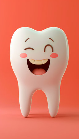Adorable 3d cartoon tooth character on pastel color background with copy space for textの素材