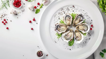 Exquisitely presented oysters dish in hyperrealistic top view close up photographyの素材