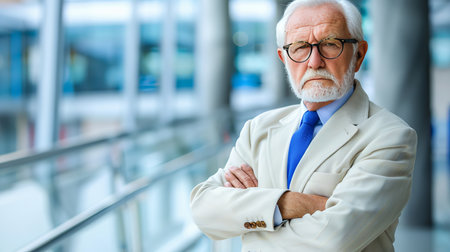 Senior businessman with arms crossed in white office interior, blurred background with copy spaceの素材