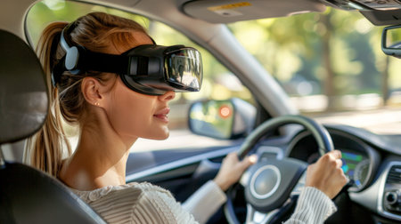 Young woman in driving school takes vr exam, controls virtual car with steering wheel in classの素材