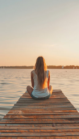 Woman meditating on wooden pier by lake for mental well being and health improvementの素材