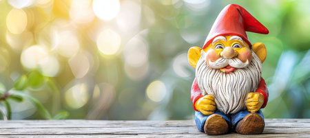 Adorable garden gnome in lush spring forest with greenery, blurred background, and space for textの素材