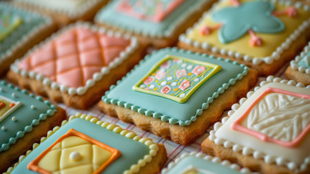 Colorful cookies with vintage quilt pattern icing in blue and pink on multi colored dough backgroundの素材