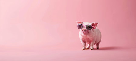 Stylish pig in sunglasses isolated on pastel background with copy space for text.の素材