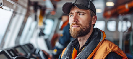 Navigation officer on watch in the captain s bridge of a cruise ship during cargo operationsの素材