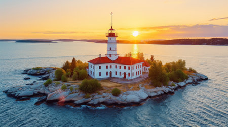 Lonely lighthouse on island hit by waves in the ocean at dusk, aerial view in golden hourの素材
