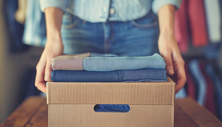 Close up of young woman with delicate hands folding clothes neatly, packing them into paper box.の素材