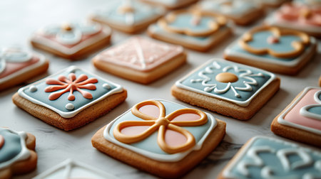 Assorted cookies with vintage quilt pattern icing in blue and pink on colorful dough backgroundの素材