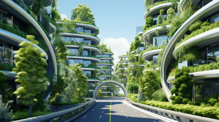 Smart city with high rise buildings, drones, autonomous driving, smart transport, and green spacesの素材