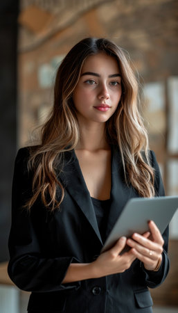 Confident businesswoman in suit holding tablet on blurred background with copy space for textの素材