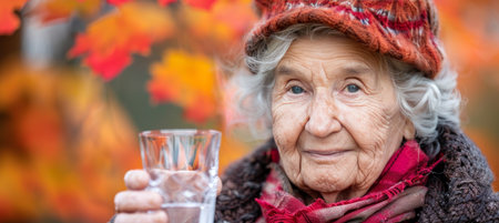 Senior woman holding a glass of water with blurred background and space for text placementの素材