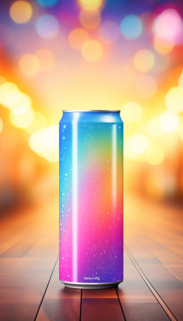 Mock up of a soft drink aluminum can on abstract background with space for text placement.の素材