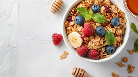 Healthy american breakfast granola with berries and honey on bright white background, space for textの素材