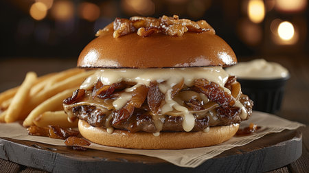 Delicious fast food  mouthwatering french fries, sauce, and burger on cardboard plateの素材