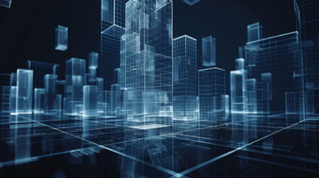 Abstract modern city model with wireless network and connection technology conceptの素材