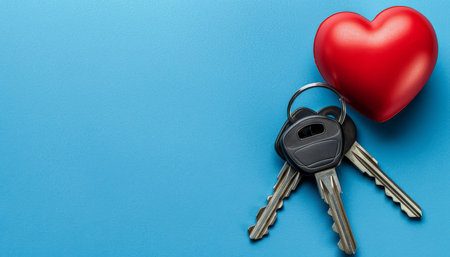 Symbolic homeownership  keys, heart keyring, copy space for real estate love   ownership conceptの素材