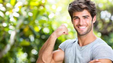 Fit young american man flexing biceps on blurred background with copy space, object on right sideの素材