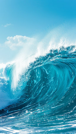 Gigantic ocean wave rising dramatically under a clear blue sky horizon with copyspaceの素材