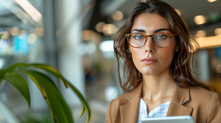 Confident professional businesswoman in suit holding tablet with copy space on blurred backgroundの素材