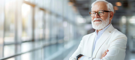 Senior businessman with arms crossed in white office, blurred background with copy spaceの素材