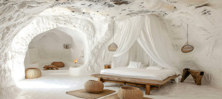 Warm white bedroom with contemporary style furnishings and natural wooden tablesの素材