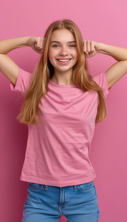 Empowered young woman flexing biceps on solid background, exuding confidence and strength.の素材