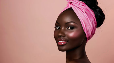 Young african american woman with pink headband and fresh skin on beige pink background, copy spaceの素材