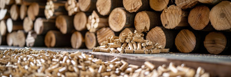 Biomass wood pellets stack and woodpile with copy space, blurred background for text placementの素材