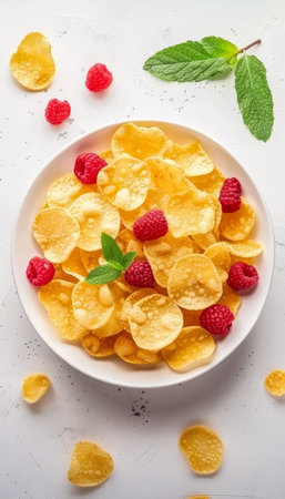 Cornflakes and berries american breakfast with honey on bright white background, copy space includedの素材