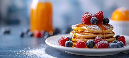 Tiger face pancake on white plate, kids  breakfast with berries, honey on bright background.の素材