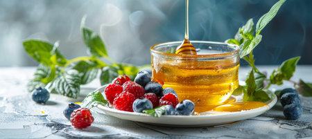 Cat shaped pancake breakfast for kids with berries and honey on white plate, copy space includedの素材