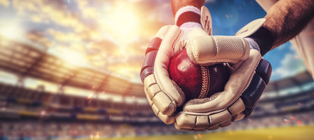 Cricket action close up  gripping hands in a game changing moment, showcasing precision and skill.の素材