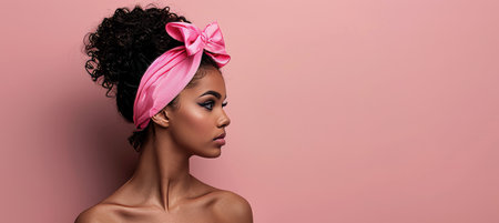Stylish young afro american woman with pink headband and fresh skin on pastel backgroundの素材