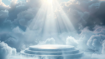 Minimalist cloud background podium stand in dreamy sky scene   3d product display platform renderの素材