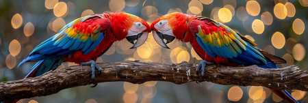 Two scarlet macaws facing each other on a branch with blurred background, copy space for textの素材