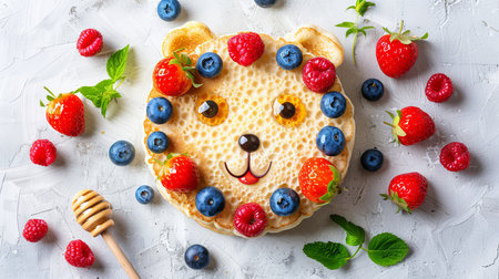 Adorable bear face pancake with berries and honey on white background, copy space available for textの素材