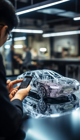 Automotive engineer designs electric car with ai hologram, smart ev development, copy space includedの素材